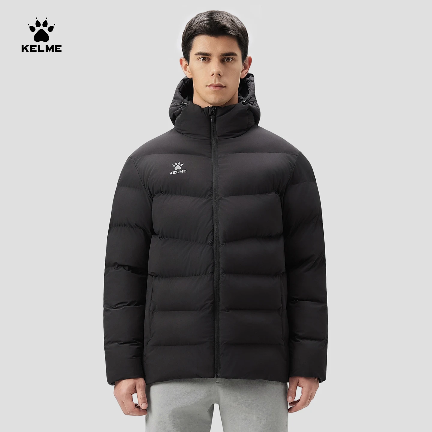 Kelme thermische jas met capuchon voor heren voor sport, voetbaltraining en buitenactiviteiten, winddichte fleece gevoerde jaseggioхое