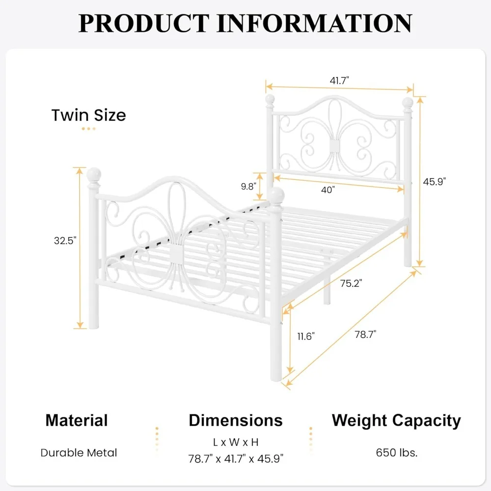 Estrutura de cama de tamanho duplo para crianças, estrutura de cama de metal com cabeceira e estribo com design de padrão de borboleta, sem necessidade de molas