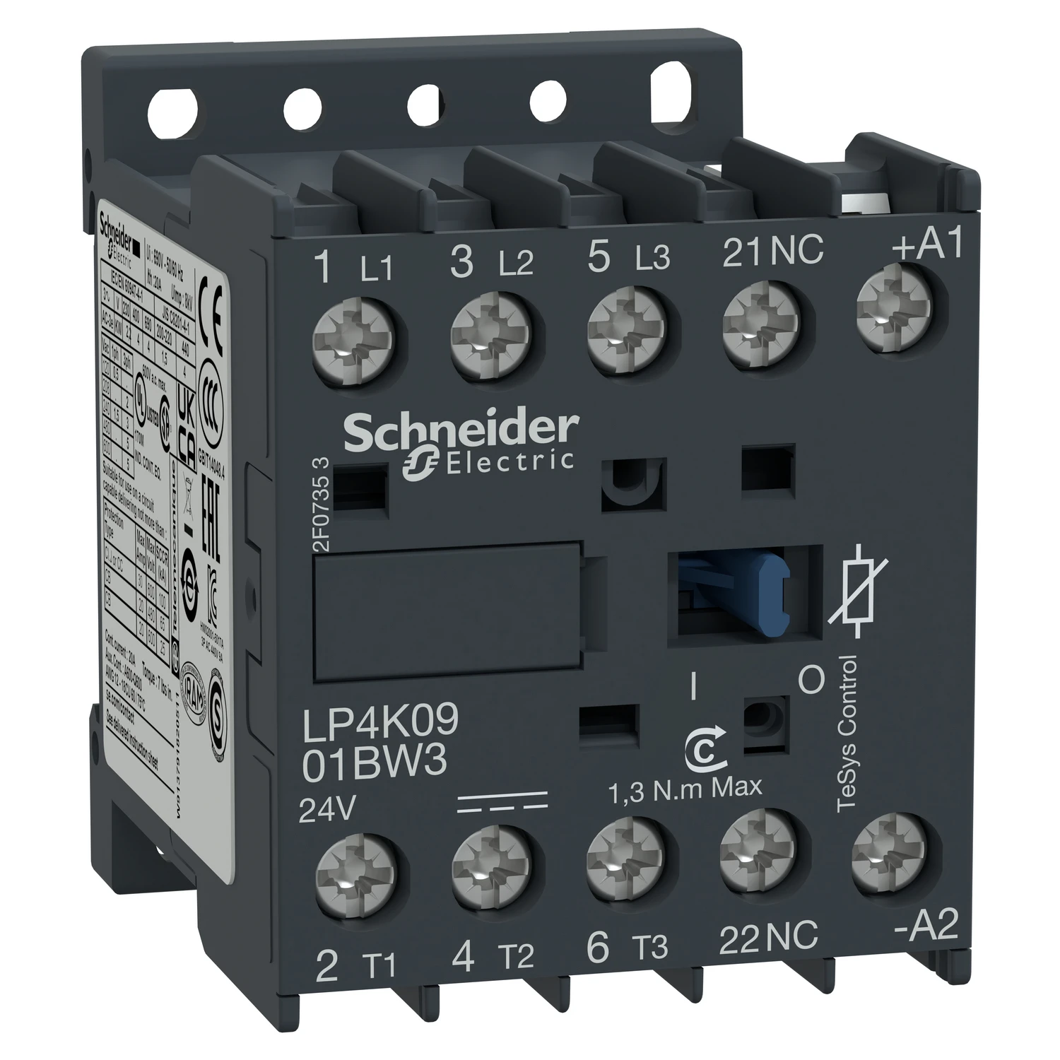 LP4K0901BW3 Contactor, 3P, AC-3/AC-3e, 440V, 9A, 1NC aux, 24V DC low consumption coil