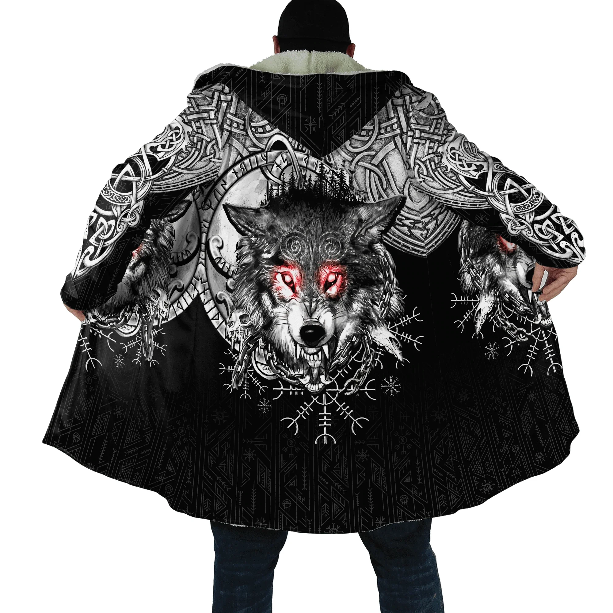 Winter Fashion Mens cloak Norse Odin Raven Tattoo 3D Printed Thick Fleece Hooded Coat Unisex Casual Warm Cape coat DP23