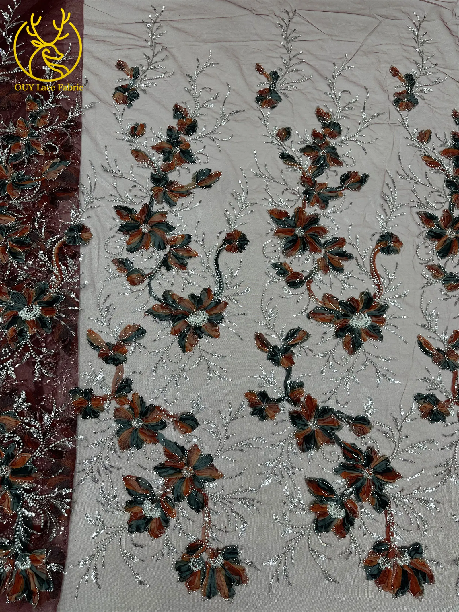 Nigerianischer 3D-Perlen-Tüll-Spitzenstoff, 2026, modischer afrikanischer französischer Pailletten-Mesh-Spitzenstoff, geeignet für Hochzeits-Party-Kleider – Detail 13