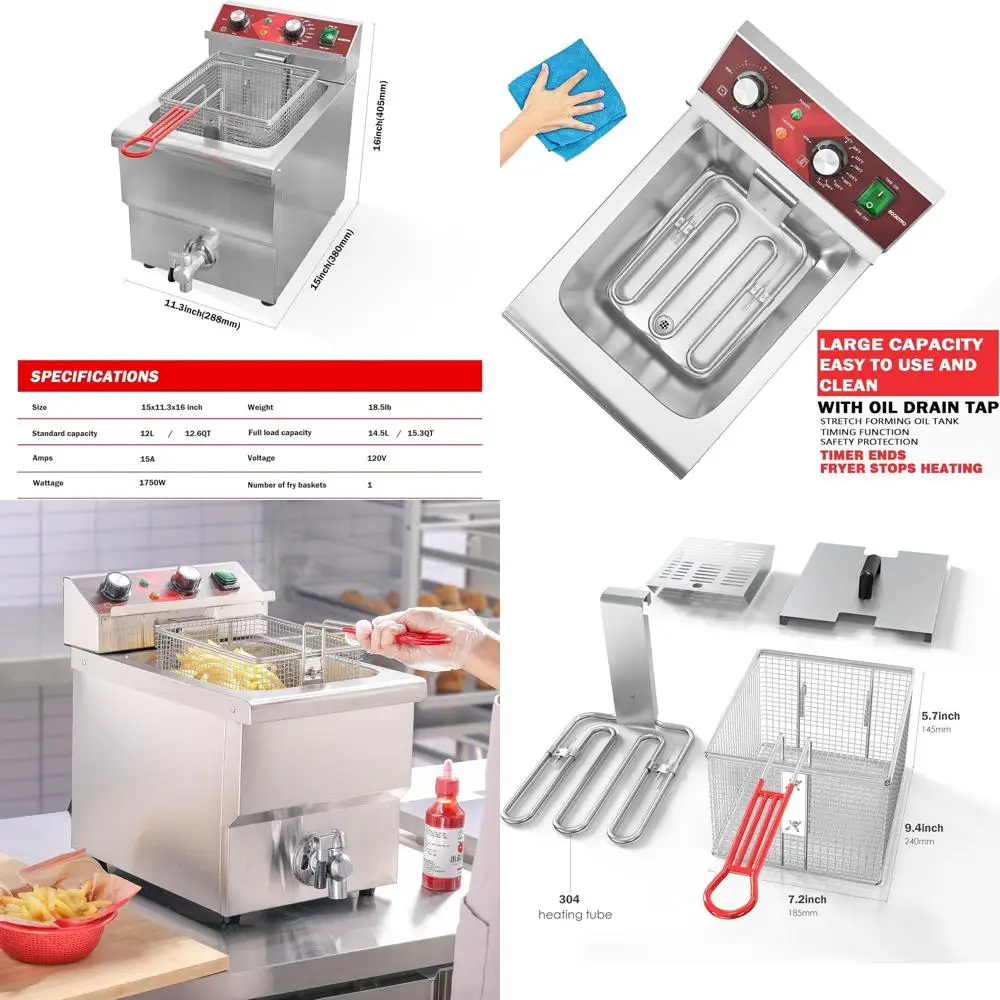 

12L Large Stainless Steel Electric Deep Fryer with Oil Drain, Timer, Basket, and Lid - Commercial-Grade for Home and Restaurant