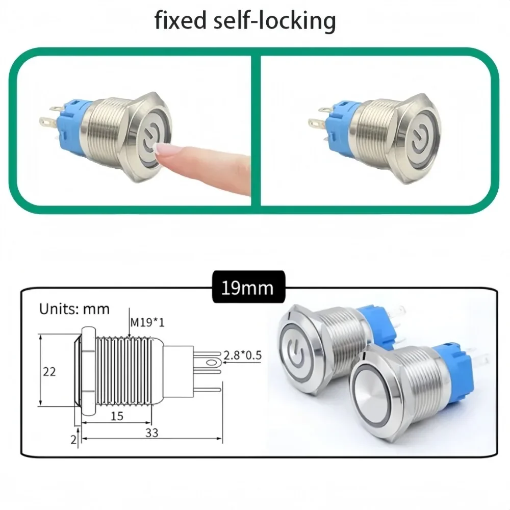 5Pcs 19mm Metal Push Button Switch 12V-24V Pre-Wired Self-Locking with Blue LED - Universal Car Industrial Control Push Switches