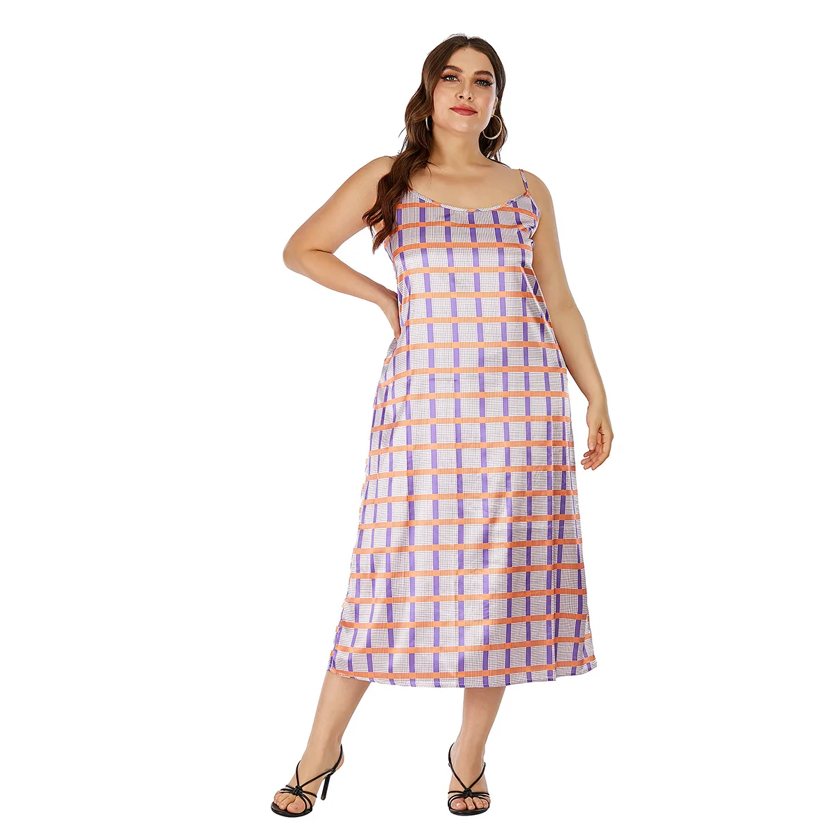 

Large size suspender dress simulation silk satin loose long dress pajamas can be worn outside fashionable simple temperament ele