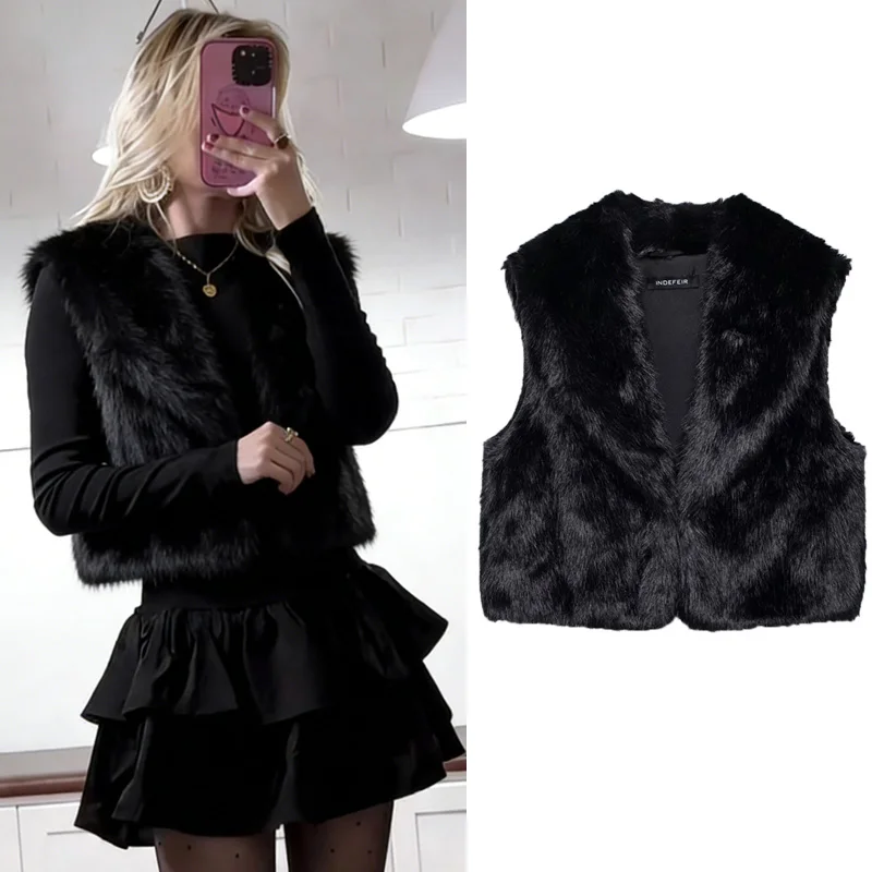 

Женский укороченный жилет из искусственного меха, черный, без рукавов, модный, весна 2026, новинка, элегантный, пушистый, теплый, уличный стиль