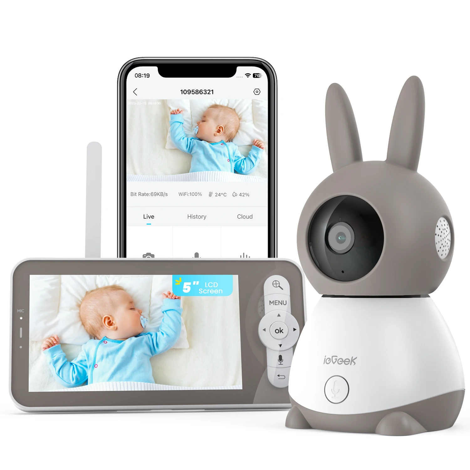 ieGeek 5” 2K/3MP Camara Vigilancia Bebe, 360° PTZ Vigilabebes con Camara y Vista Previa de Pantalla Dual, Detección de Movimiento, Audio de 2 Vías,Visión Nocturna, Control de Monitor y Movil