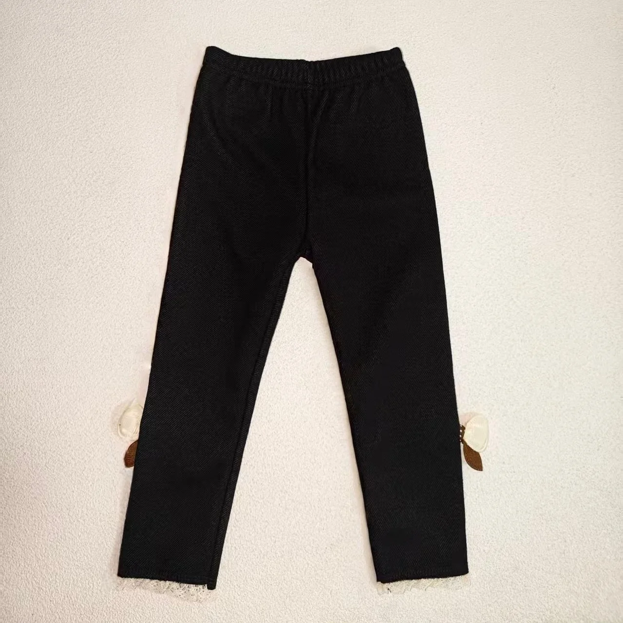 Girls Lined Leggings Imitation Denim Fleece Cute Bow Stretchy Long Pants Kids Autumn Casual Trousers