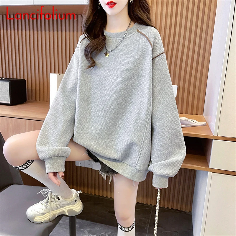 Vintage Oversized Waffle Hoodie Fall Winter Crewneck Long Sleeve Contrast Patchwork Bake Bow Loose Brown Streetwear Sweater Top