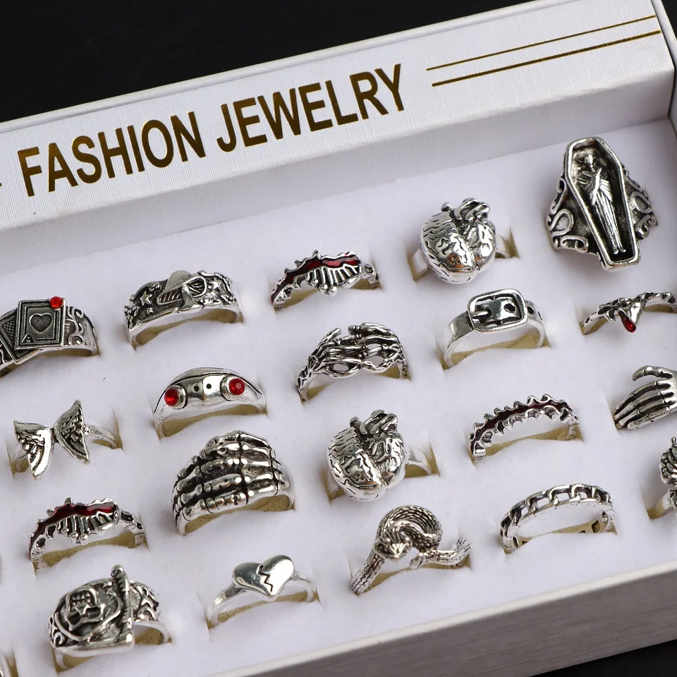 24 قطعة/الوحدة موضة خمر تصميم جديد الشرير القلب الجمجمة العين خواتم الاصبع مجموعة للنساء الرجال مزيج نمط الهيب هوب مجوهرات هدايا الحفلات