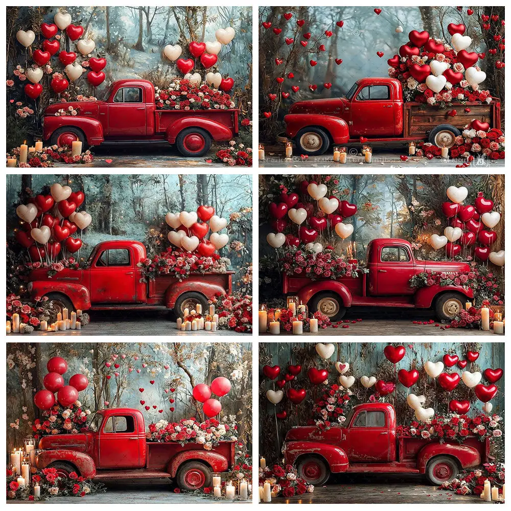 

Valentine's Day Red Truck Backdrop Heart Love Balloons Photography Background Romantic Gift Banner Decorations Couple Photo Prop