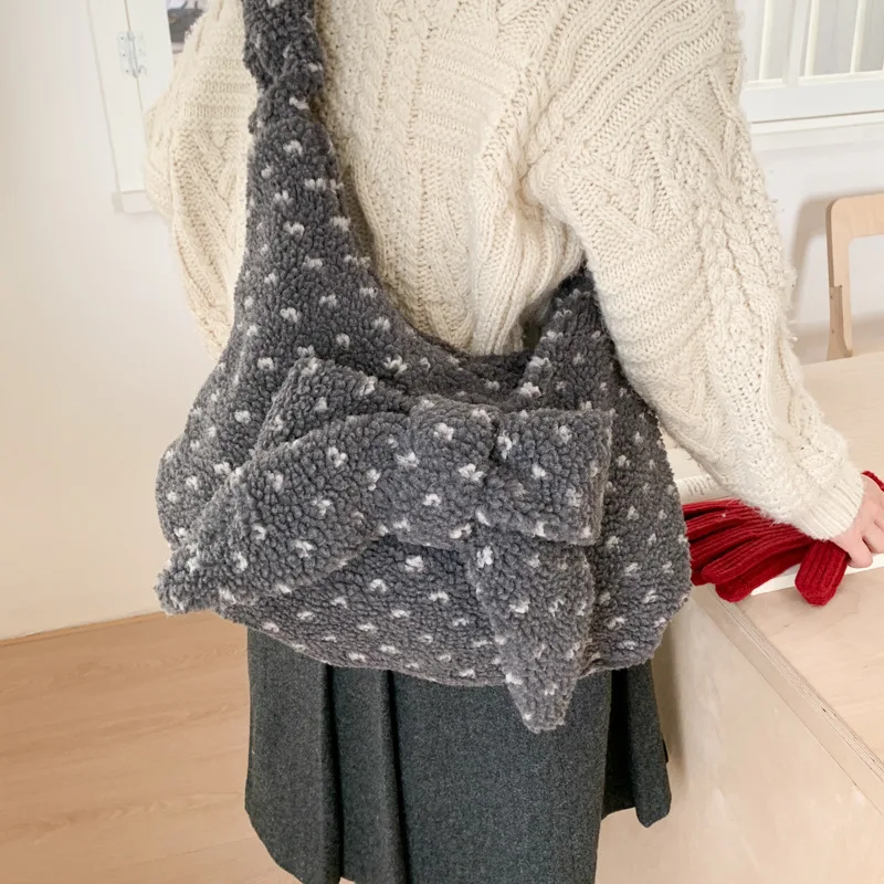 New Bag Korean Women's Large Capacity Fleece Bow Lambswool Tote Bag Polka Dot Crossbody Bag Shopping Bag The Tote Bag Marc Jacob