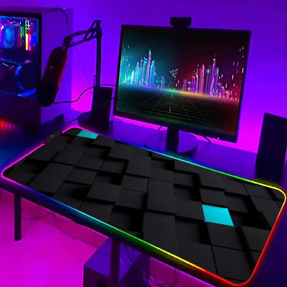 

3D Geometric Mouse Pad XXL RGB Gaming MousePad HD Gamer Accessories Large LED Light MousePads PC Computer Carpet With Backlit