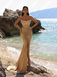 2025 Elegant Satin Evening Dresses Sexy Strapless Sleeveless Formal Party Prom Gowns Split Pleated Customized Vestidos De Noche