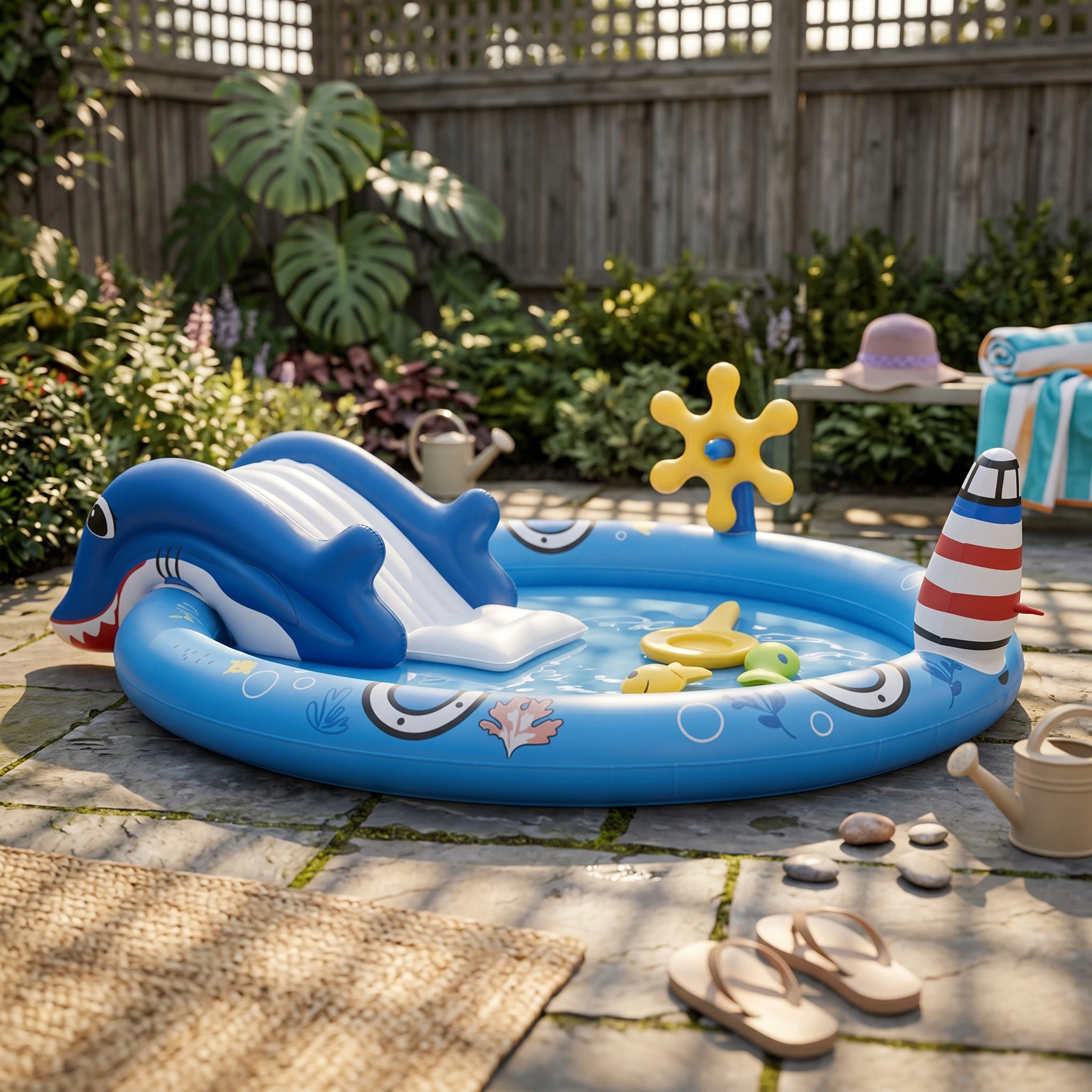 inflatable-kiddie-pool-marine-motif-lighthouse-column-water-play-center-with-slide-for-backyard-outdoor-enjoyment