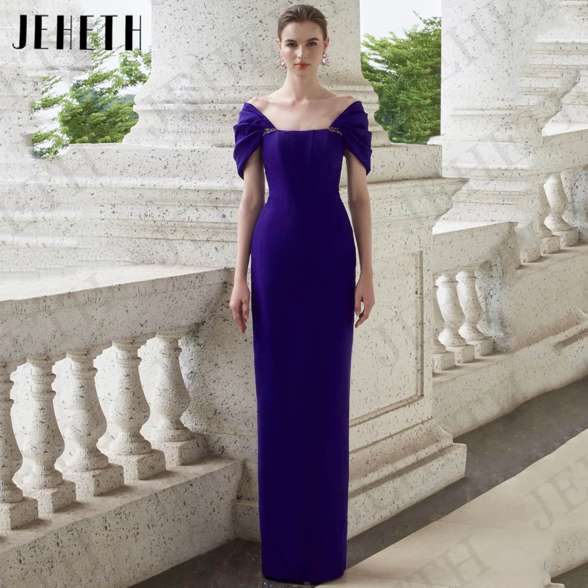 

JEHETH Elegant Off The Shoulder Evening Dress فساتين سهرات Purple Mermiad Stretchy Soft Satin Banquet Party Dress Floor Length