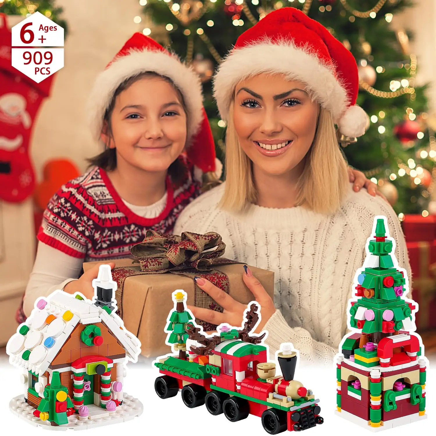 Ensemble de décennie s de Construction de la Série de Noël 6 en 1 Améliorés, Briques de Train Créatif avec Lumière, Kit de Bricolage, Jouets pour