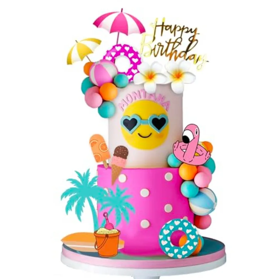 

Summer Hawaiian Cake Topper with Swimming Rings Balls Sun Umbrella Beach Cake Decorations for Summer Hawaii Aloha Theme Birthda