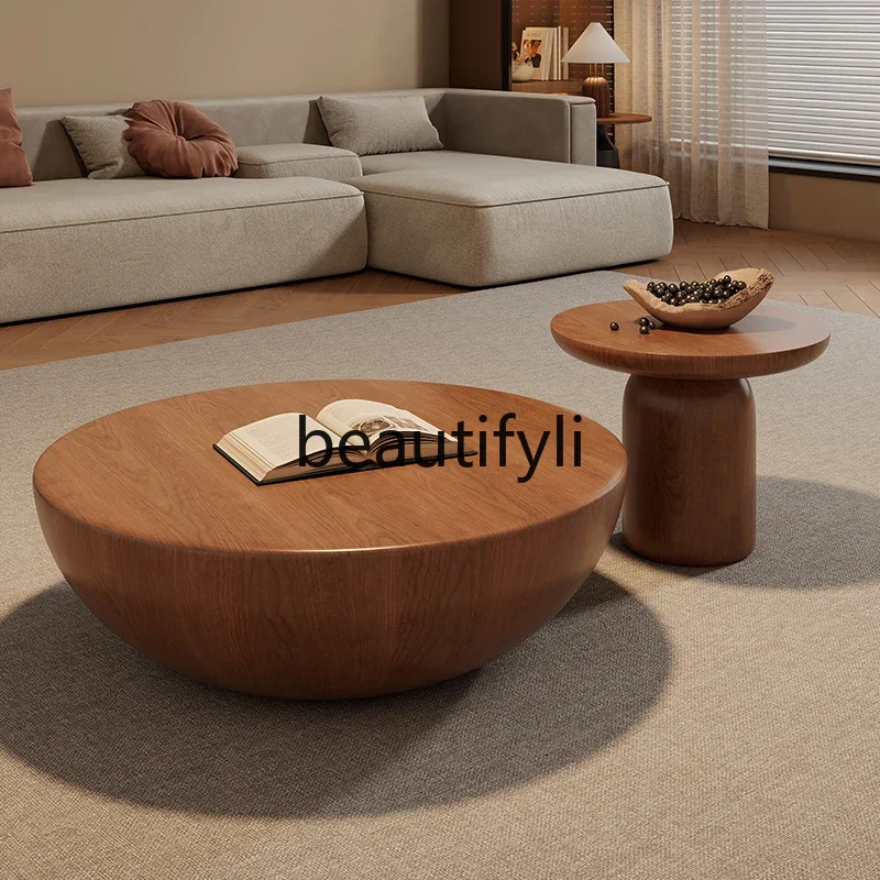 X Minimalist Round Coffee Table for Living Room, High-End Feel, Small Apartment Size, Walnut Wood