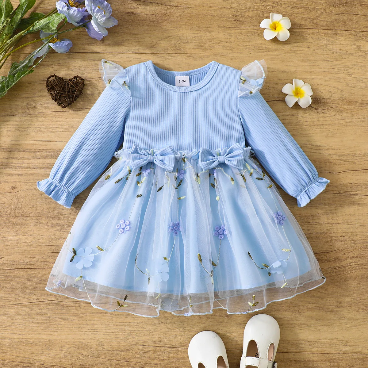 2024 Summer Baby Princess Dress Floral Embroidery Lace Bow Dress Long Sleeve Cute Girls Tulle Costume