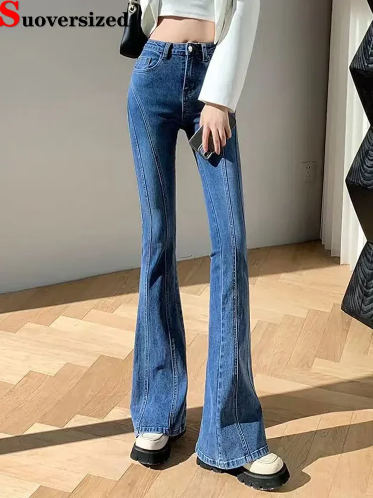 

Korean Fashion Skinny Flare Jeans Women Casual High Waist Vintage Denim Pants Streetwear Slim Stretch Chic Wide Leg Vaqueros ﻿
