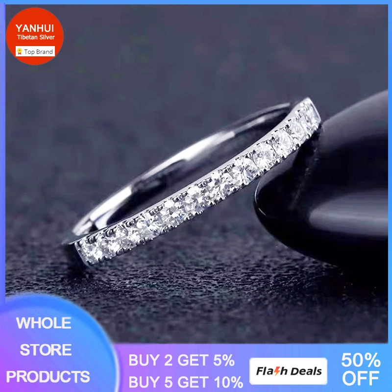 

YANHUI 100% Original Certified Tibetan Silver Rings Simple Round Zircon CZ Stackable Rings Wedding Jewelry Gift for Women R002