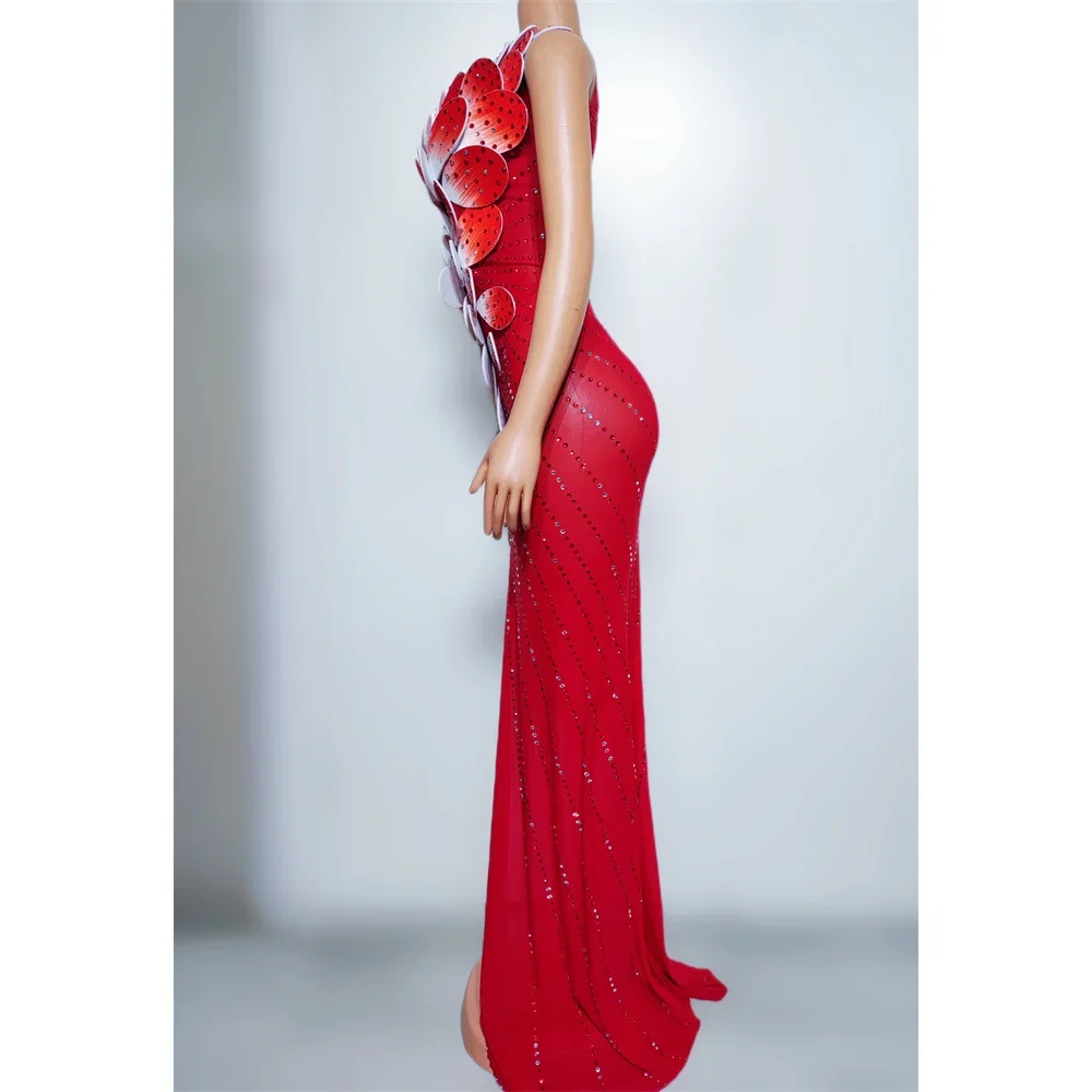Elegant Long Dress Single Shoulder Red Flower Crystal WomenWedding Party Evening Birthday Celebrate Model Singer Stage Costume
