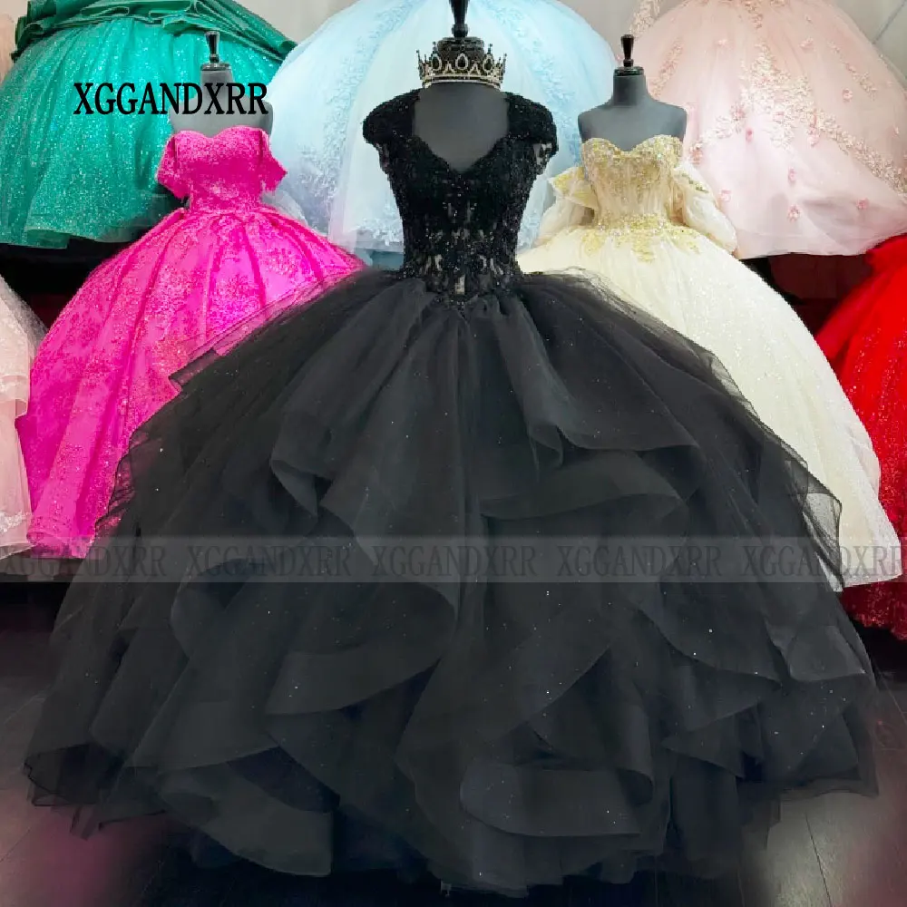 Elegant Black Mexican Quinceanera Dresses Vestidos De 15 Quinceañera 2024 Layers Lace Applique Sweet 15 16 Birthday Party Layers