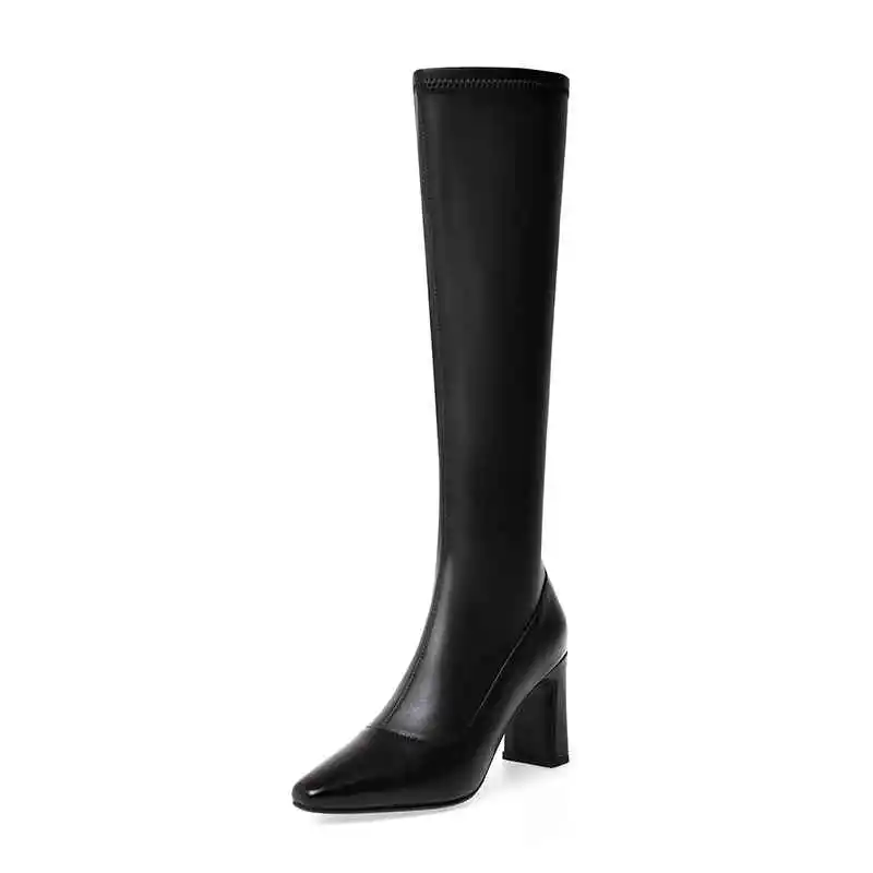 Krazing Pot Fashion Elegant Princess Style Cow Leather Small Square Toe Chunky High Heels Zipper Winter Stretch Thigh High Boots