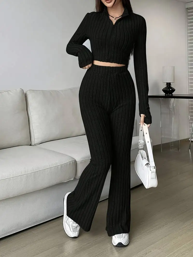 Twee Stukken Vrouwen Broek Sets Casual Bijpassende Sets Effen Rits Lange Mouwen Korte Losse Top Empire Taille Flare Broek 2025, Herfst