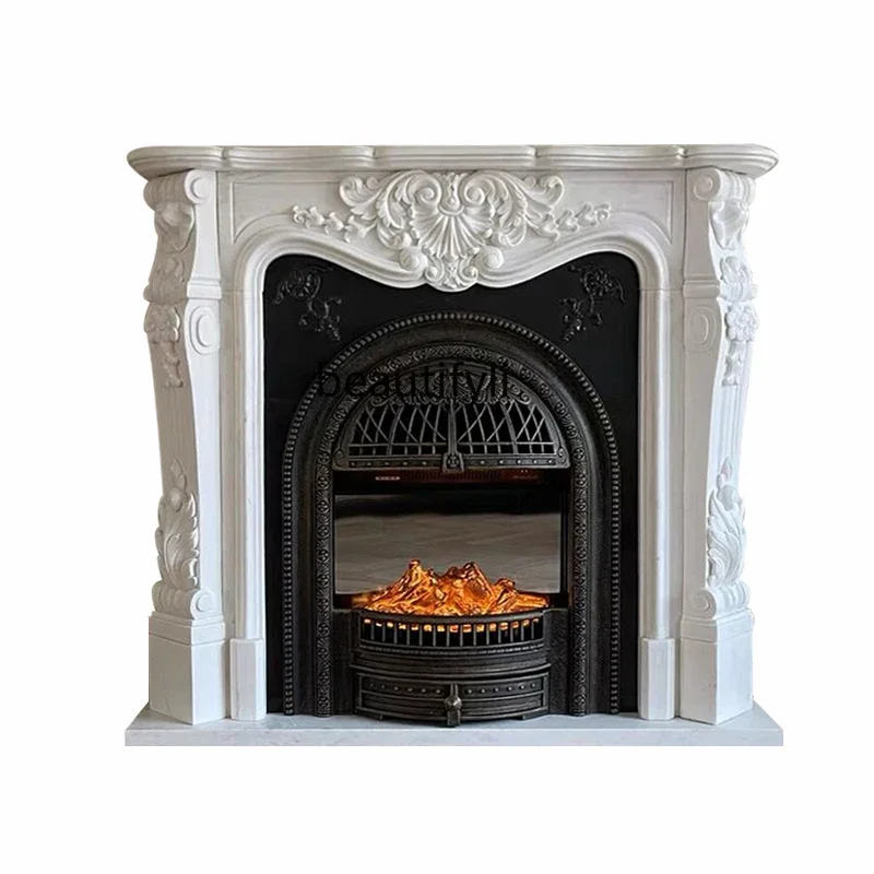 

A Marble White Marble Material Fireplace Arabescato Carved Curio Cabinet Indoor Heating Fireplace Ornaments