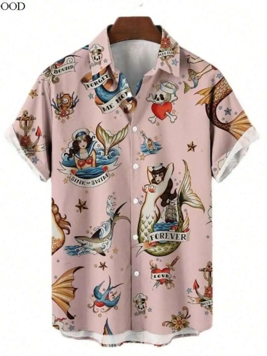 

Tattoo-Inspired Vintage Print Mens Short Sleeve Button-Up Shirt With Mermaids Anchors Skulls And Nautical Symbols