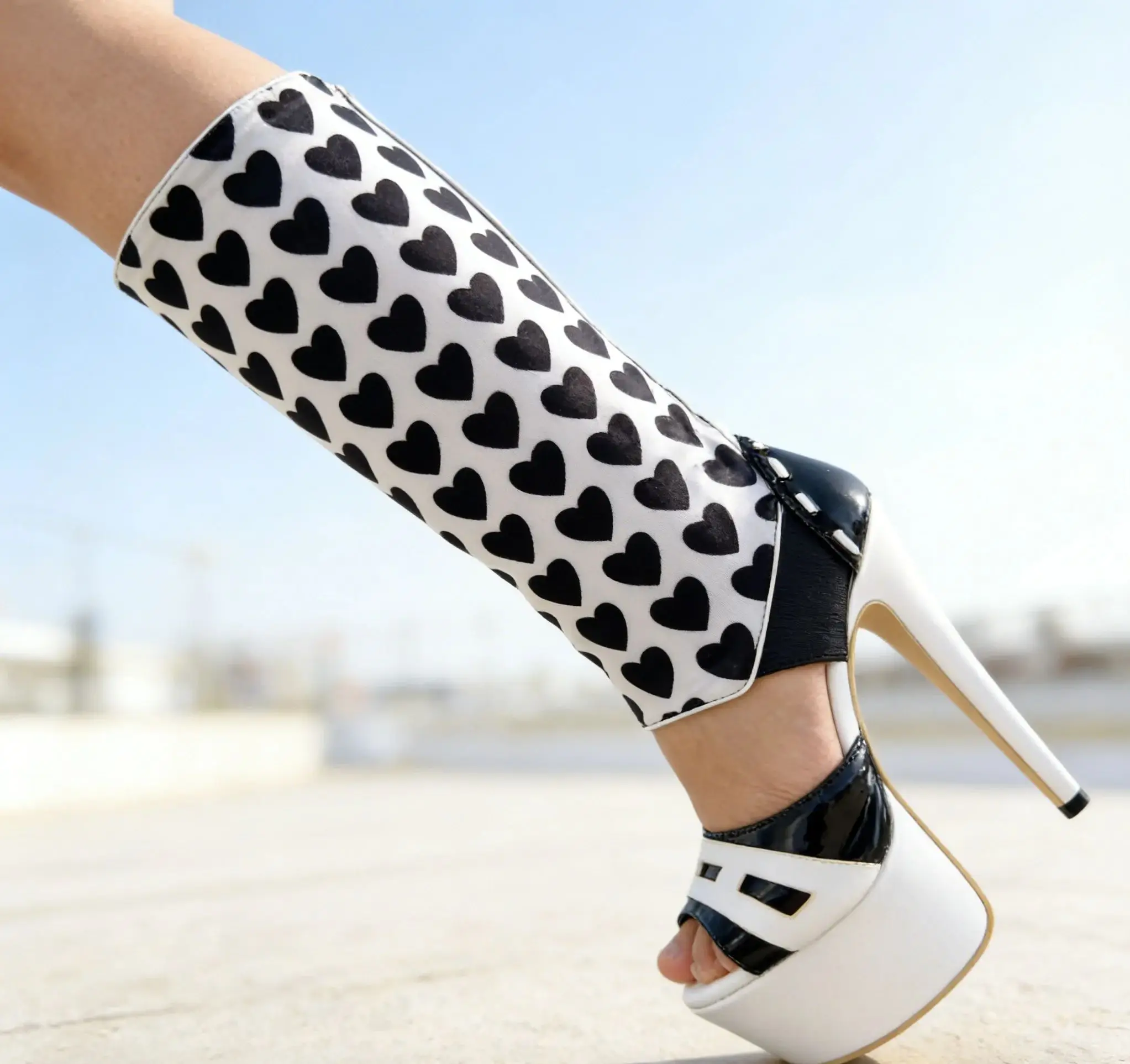 Fashion Black & White Heart Print Over-Calf Sock Heels - Platform Stiletto Open Toe Shoes for Statement Looks