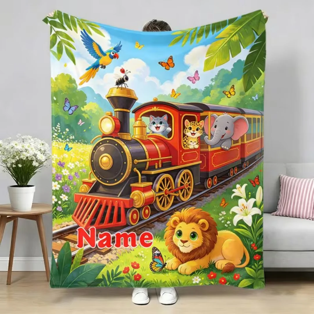 Personalized Cartoon Train Animal Flannel Blanket Custom Name Text Ultra Soft Warm All Season Throw for Sofa Bed Camping Travel