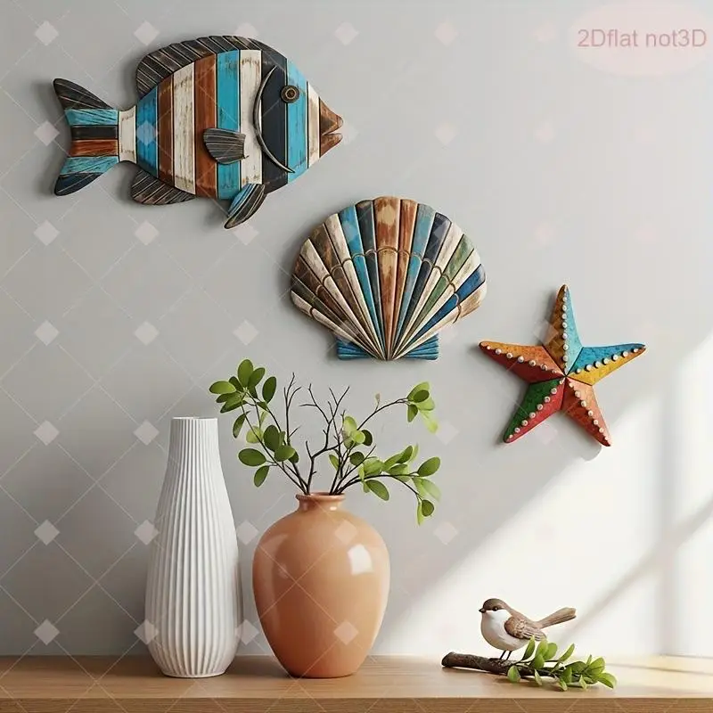 3pcs/set Colorful Wooden Ocean Art Wooden Sea Fish Shells Starfish Farmhouse Style Decor Living Room Bedroom Wall Art Decoration