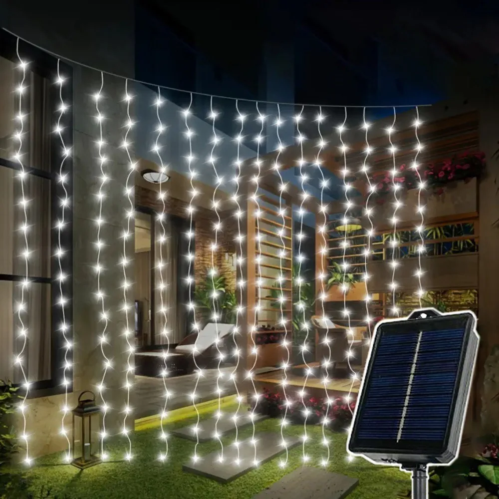 

8 Lighting Modes Solar Power Curtain String Lights Outdoor Christmas Lighting Great for Wedding Party Pergola Garden Decoration