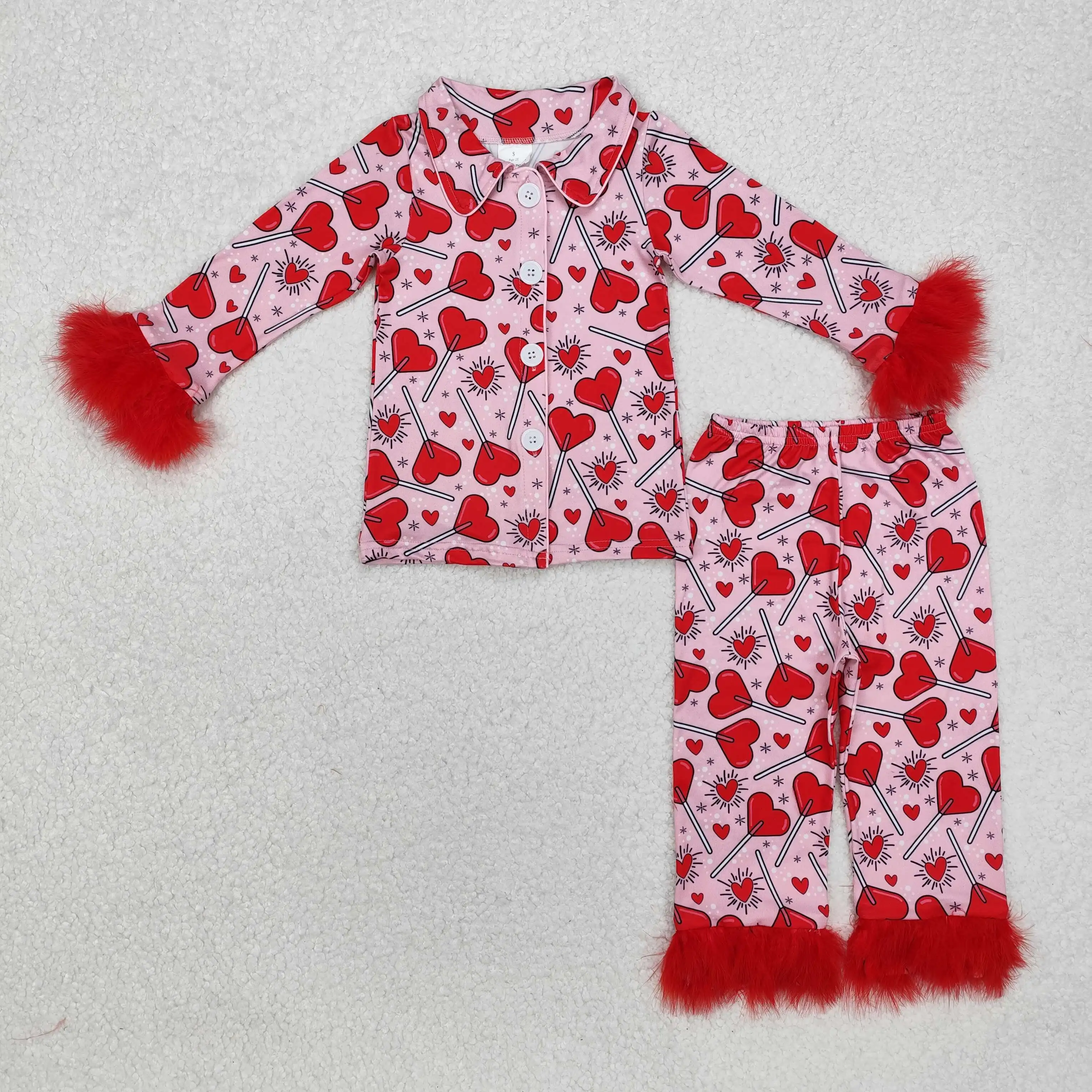 

New rts baby girls valentine fur pajamas suit wholesale boutique love lollipop hot sale red long sleeve pants suit