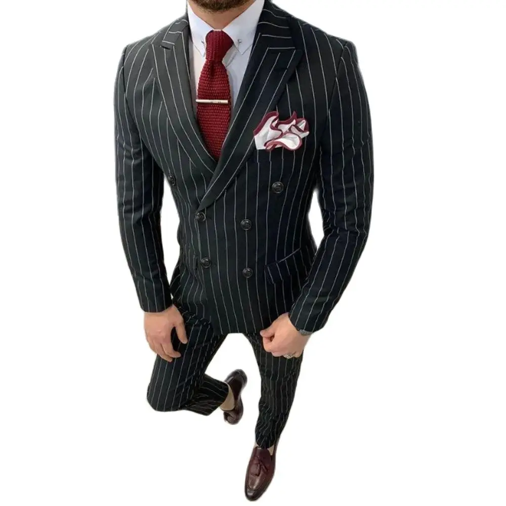 Summer Black Striped Men Suits Two Piece Fashion Peak Lapel Double Breasted Male Suit Business Casual Office (Jacket+Pants)