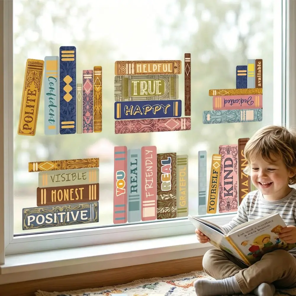 6PCS/Set Multicolor Bookshelf Window Stickers Cartoon Books Static Cling Glass Decals No Residue No Fade Bookshelf Window Decals