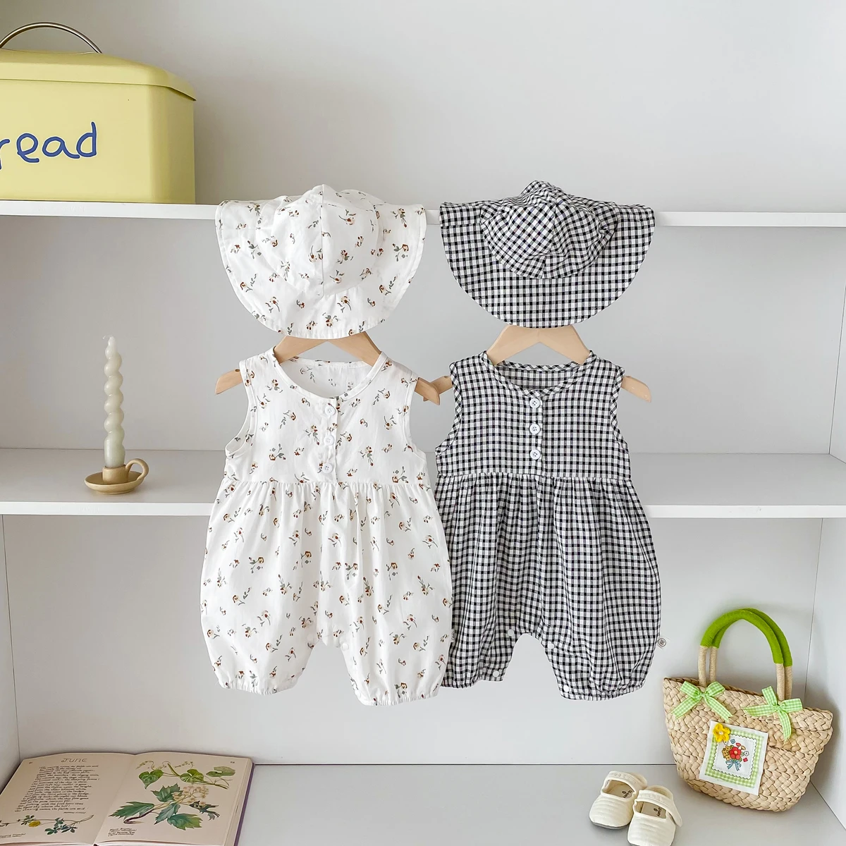 baby girl summer thin floral sleeveless jumpsuit, baby girl summer plaid sleeveless jumpsuit delivery hat, very suitable for tra 4