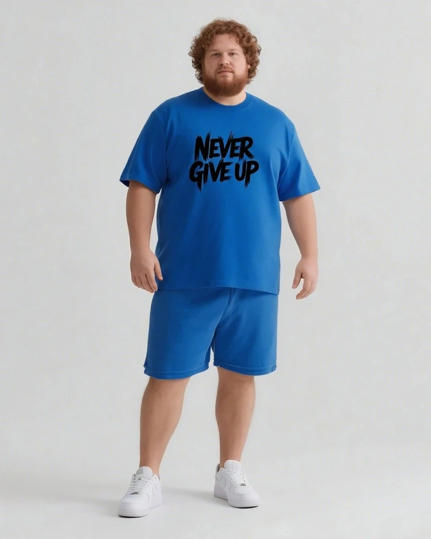 Men's Plus Size Never Give Up T-Shirt and Shorts Set, Short Sleeve Crew Neck, Black Brush Lettering, Casual Summer Wear, S-9XL