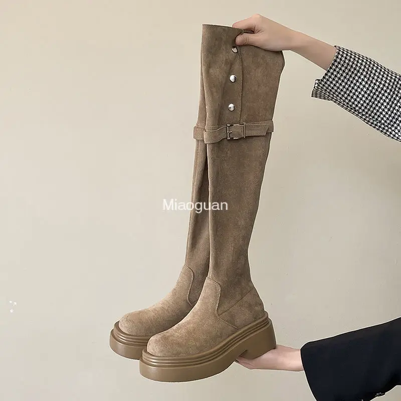 Autumn Winter Platform Women\'s Over The Knee High Boots Fashion Slip on Thick High Heel Concise Long Botas De Mujer Casual Shoes