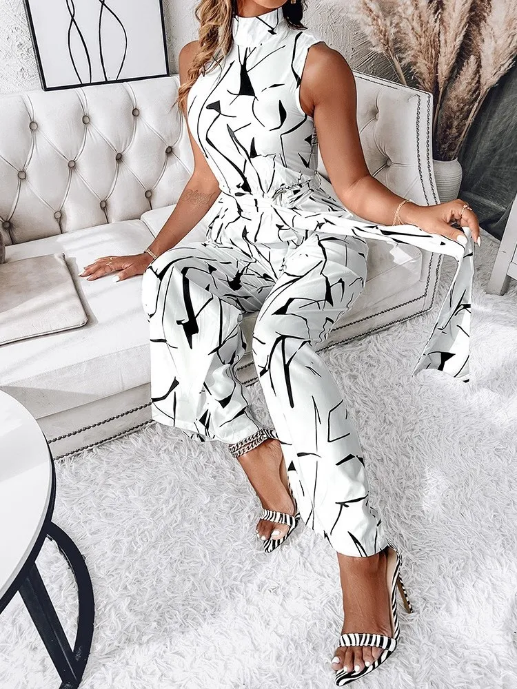 Streetkleding Jumpsuit Met Hoge Hals En Mode Rimpelprint Mouwloos Met Veters Tot Taille, Romeinse Zomer Jumpsuit Met Wijde Pijpen