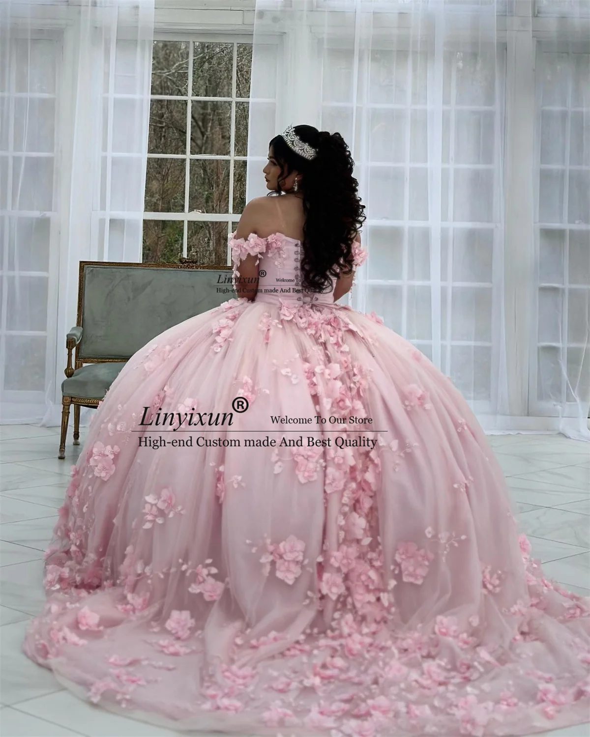 Vestido De baile De encaje rosa, quinceañera, apliques De flores, cuentas, dulce 15, corsé De princesa, mascarada, 15 Años