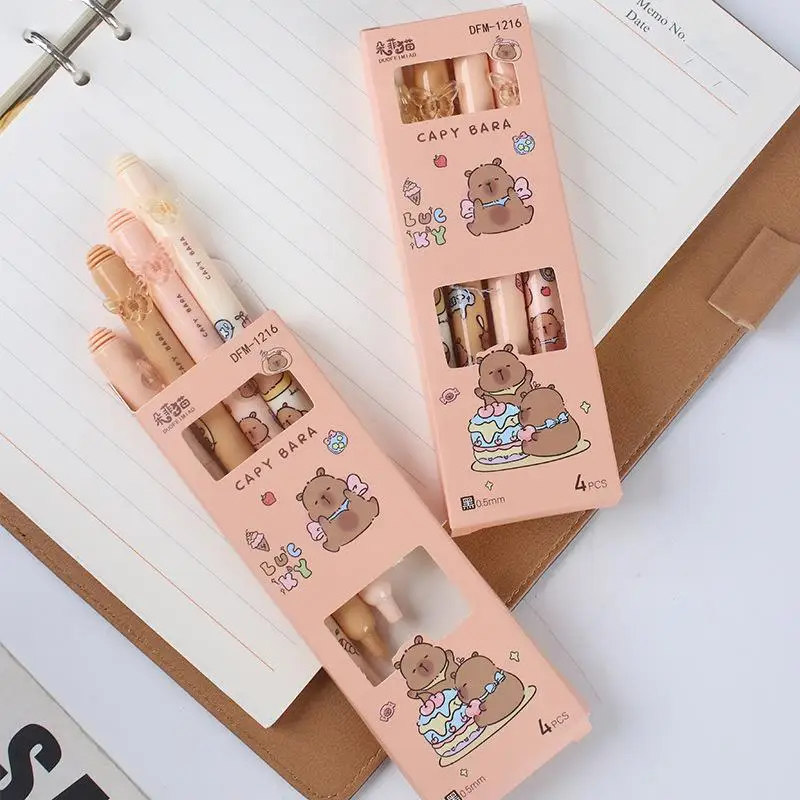 Tema Cartoon Capybara - Penne a inchiostro gel da 4 pezzi - Materiale scolastico con inchiostro nero ad asciugatura rapida.