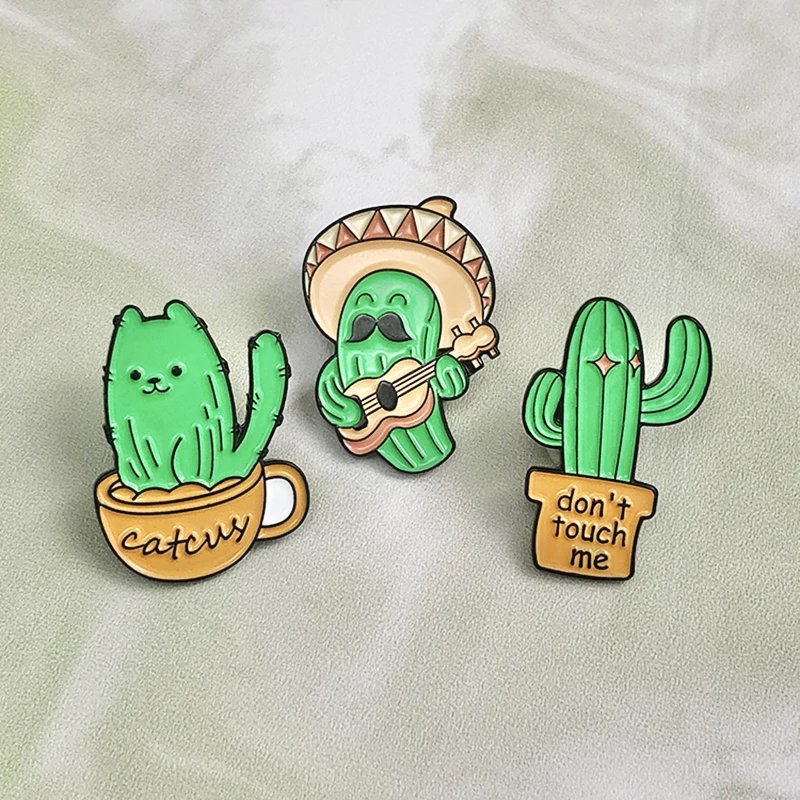 Touch Me Pines Lapel Badges Green Plants Guitar Concert Funny Jewelry Gift for Friends Cute Cactus Enamel  Brooch Custom Don't