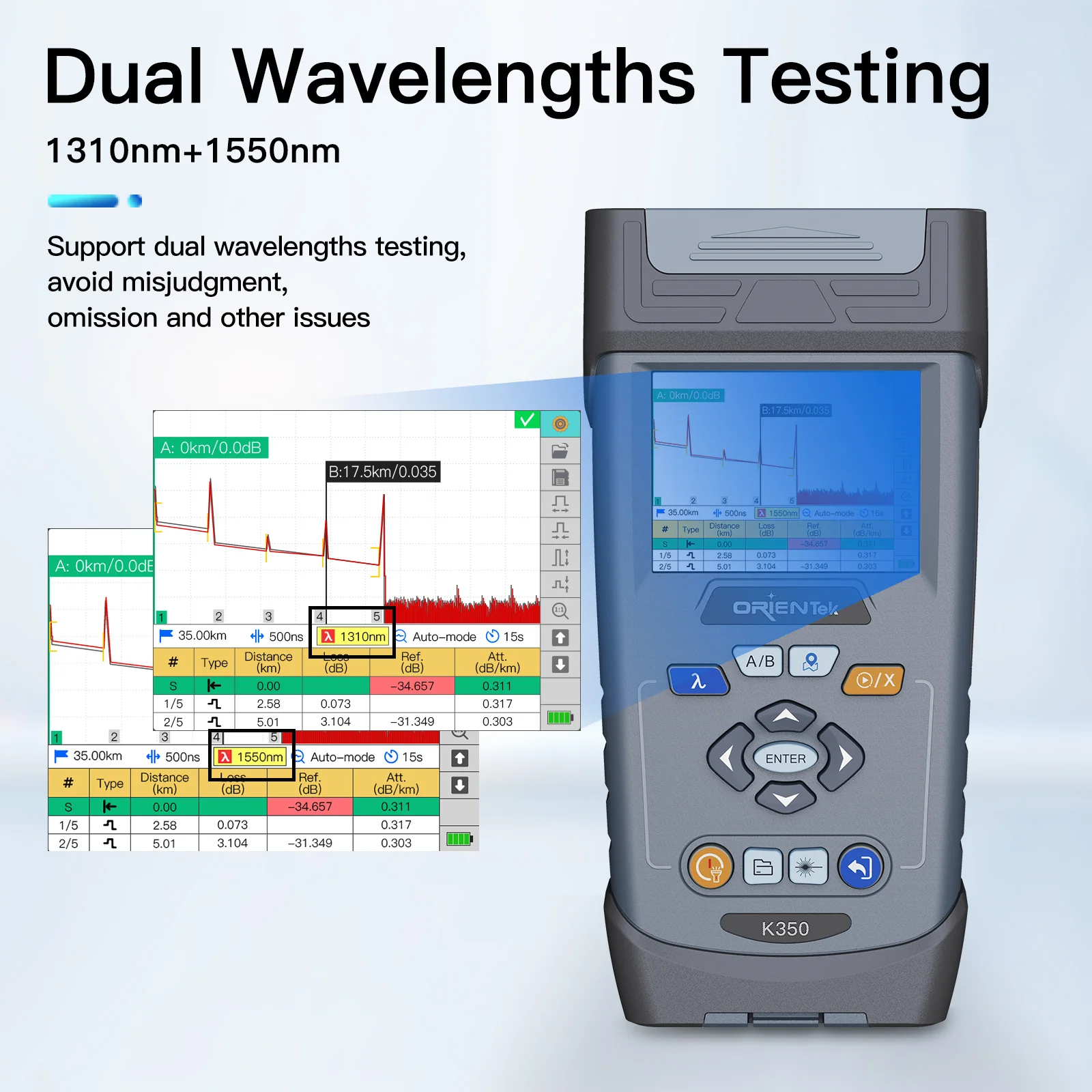 OTDR Fiber Optic Tester OrienTek K350 SM PON Mini OTDR With Multi-Functional OPM/VFL/OLS/FIP and RJ45 Functions