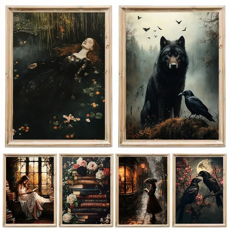 (No frame)(No frame)Fantasy Dark Gothic Ophelia Forest Wolf and Raven Mystical Animal Wildlife Poster Canvas Painting Wall Ar
