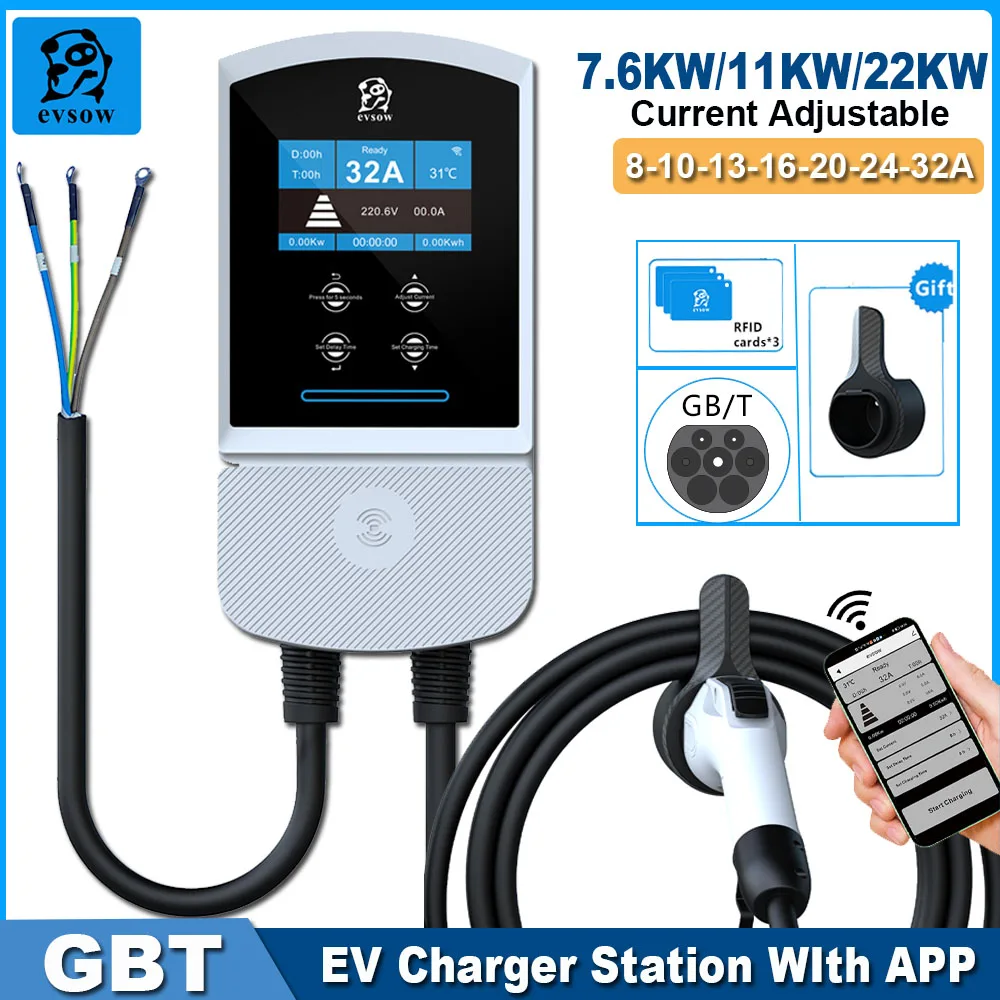 

Evsow WIFI EV Зарядное устройство GB/T 22KW 32A Зарядное устройство для электромобиля с управлением через приложение 3-фазная зарядная станция для электромобиля GBT EVSE Wallbox