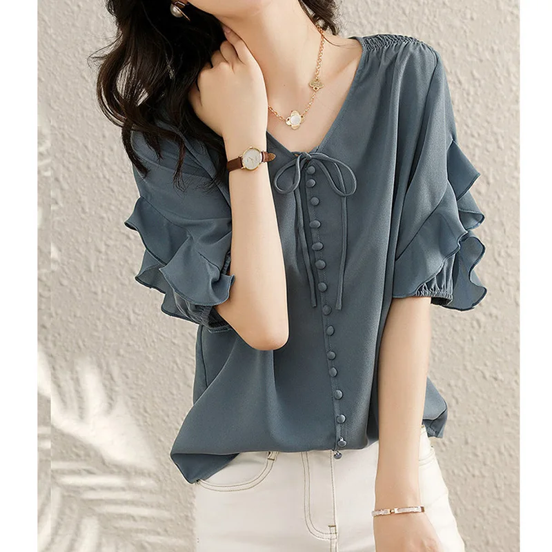 Elegant Fashion Solid Drawstring Button Ruffles Shirt Summer 2023 New V-Neck Half Butterfly Sleeve Pullovers Tops Women Clothing