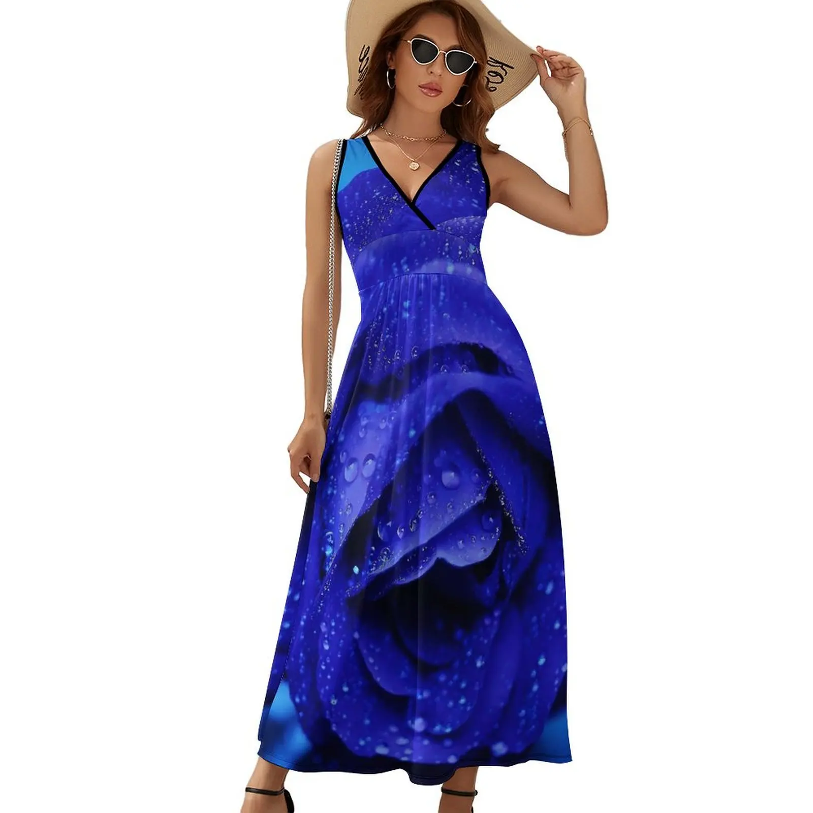 

Blue Fower Dress Women Rose Print Sexy Maxi Dress V Neck High Waist Streetwear Custom Boho Beach Long Dresses